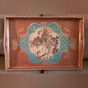 Vintage Wood Serving Tray Flower Floral Design Decor 18 3/4" Long 12 1/2" Wide